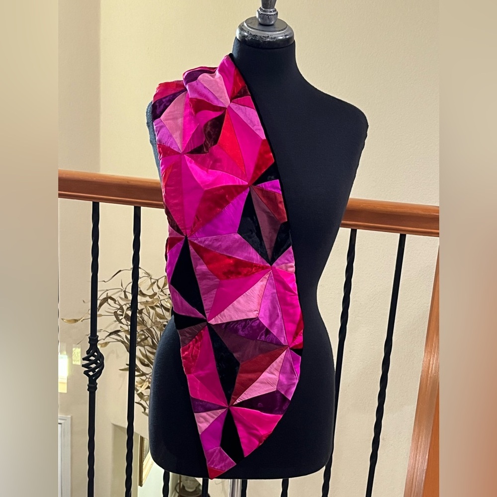 HANDMADE Geometric Patchwork Satin/ VELVET Scarf - Vibrant Pink Mix, ARTSY: